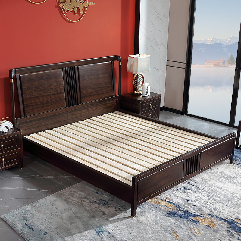 新中式实木床18米双人床现代闪电客简约禅意轻奢卧室高箱床黑檀木家具