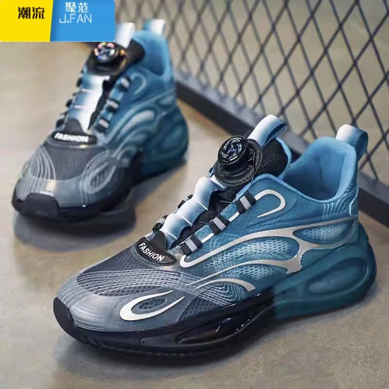 聚范旋转纽扣运动鞋男款夏季网面透气青少年免系带休闲气垫跑步鞋图片