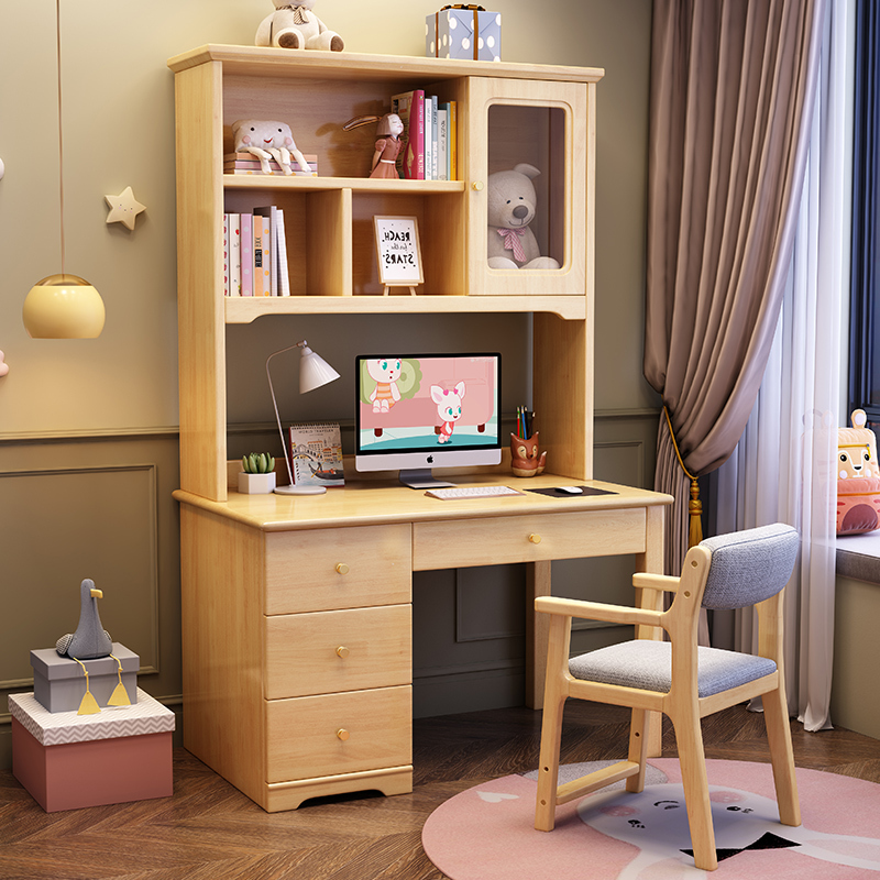 一米色彩 实木书桌电脑桌带抽屉书柜书架一体组合 可视化收纳儿童