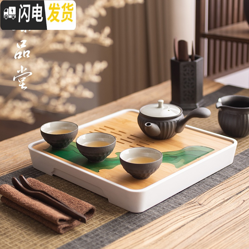 三维工匠竹制茶盘家用简约功夫茶具日式干泡茶台客厅储水托盘现代茶海托盘 竹制茶盘—荷花黑高清大图