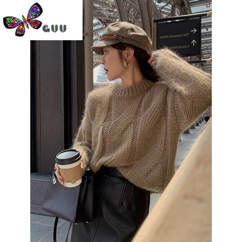 语娄慵懒风粉色麻花毛衣套头女温柔宽松马海毛针织衫法式软糯上衣