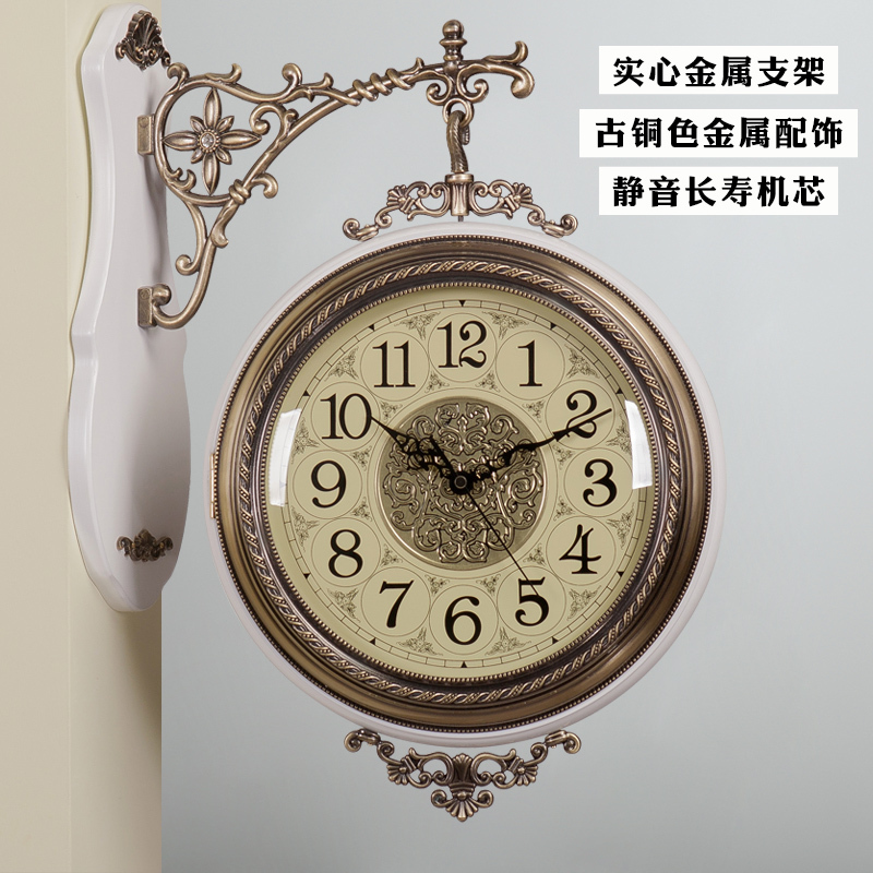 美式 金属双面挂钟纳丽雅 欧式客厅两面挂表创意时钟复古钟表大号 759A深色双面挂钟 20英寸以上