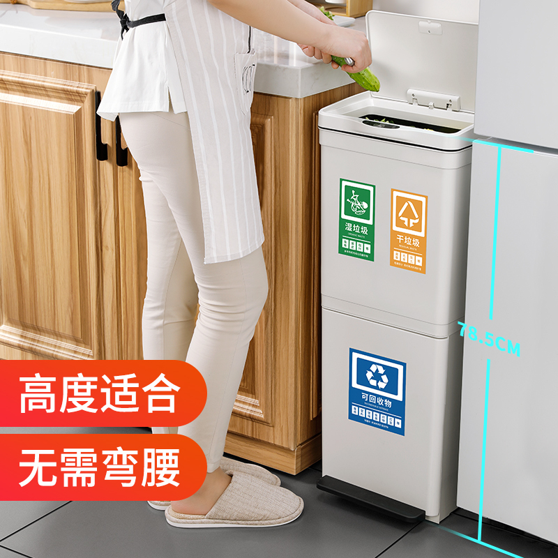 垃圾分类垃圾桶阿斯卡利(ASCARI)家用大号干湿分离双层带盖智能感应厨房客厅脚踏筒 按压款双层[双内桶分离]下层脚踏