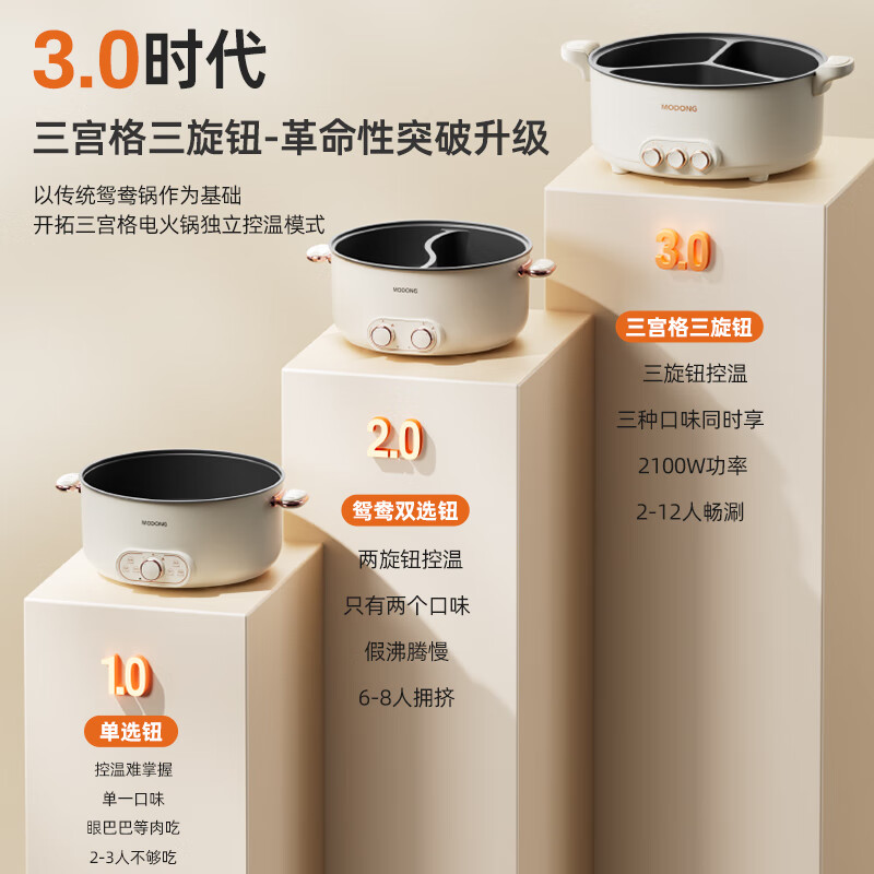 摩动鸳鸯电火锅三宫格火锅专用锅多功能电热锅多用途电煮锅8L不粘鸳鸯锅分区独立控温 MD-HGE09-T高清大图