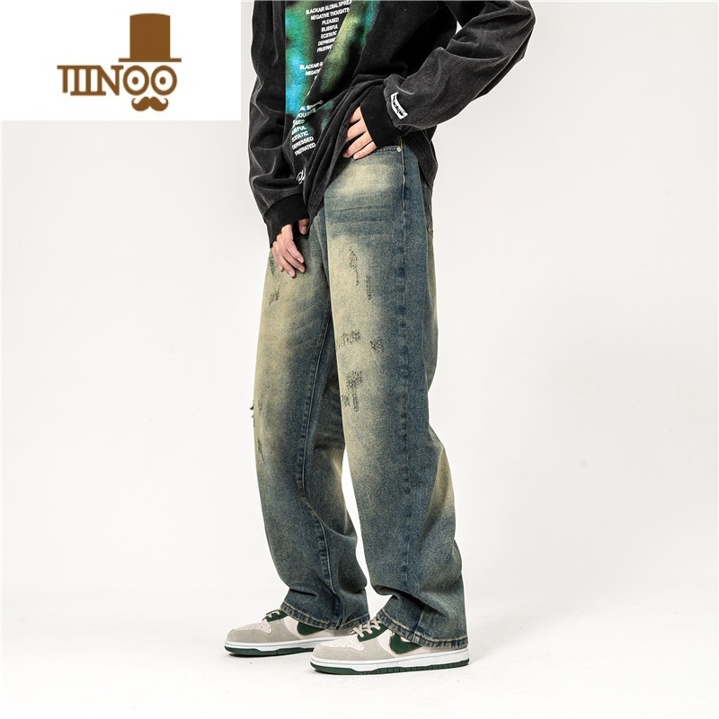 YANXU美式街头复古做旧水洗纹直筒痞帅牛仔裤男女潮牌嘻哈百搭长裤高清大图