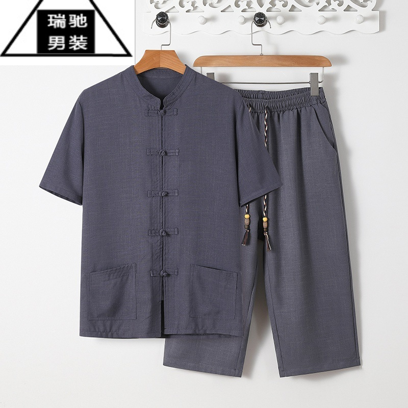 希杰狮王唐装男夏季中老年棉麻爸爸夏装短袖开衫中国风亚麻爷爷七分裤