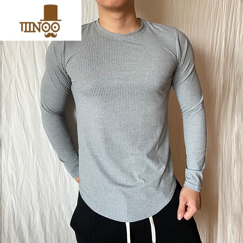 YANXU运动长袖T恤健身紧身衣修身高弹力条纹圆领休闲肌肉男打底衫内搭高清大图