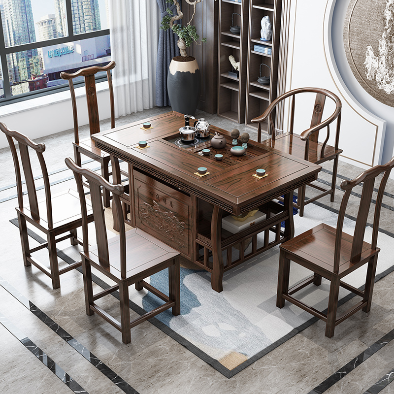 绵冠MIANGUAN办公室简约实木茶桌椅组合新中式功夫泡茶台阳台办公室茶几茶具套装 1桌+1圈椅+2牛角椅