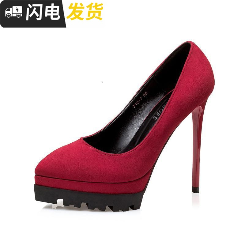 2022韩版性感黑色细跟尖头绒面高跟鞋女浅口单鞋职业防台高跟鞋启如休闲鞋