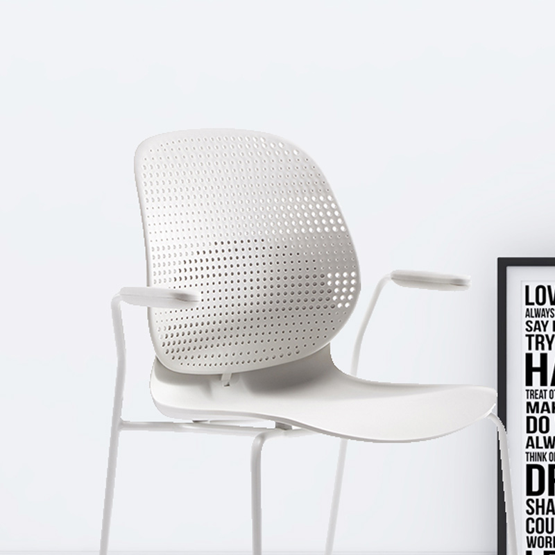 臻远ZY-7835 简约休闲办公椅轻奢铁艺靠背椅 白背白座扶手款高清大图