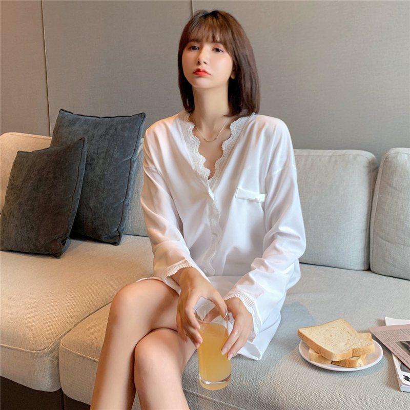 hlcoman黑色衬衫睡衣女夏性感睡裙春秋长袖长款v领冰丝蕾丝薄款雪纺棉