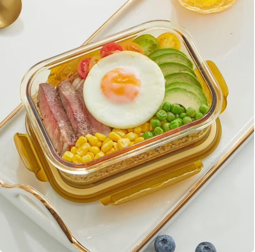 康宁餐具琥珀色保鲜盒密封耐热玻璃带饭便当饭盒3件600ml+700ml+980ml高清大图