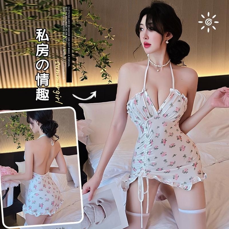 长夜漫漫情趣内衣性感火辣小碎花蕾丝纯欲风吊带包臀睡衣短裙1081 白色+同款丝袜 均码(80-120斤)