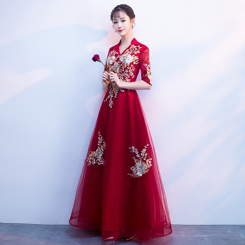 NBUSMK敬酒服新娘冬季2018新款红色长款旗