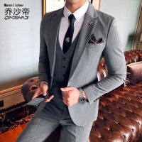 2018新款英伦风男士细条纹单粒扣修身西装三件套韩版帅气西服套装