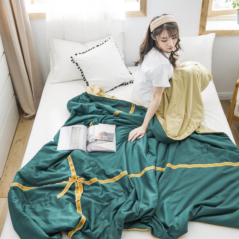 韩版水洗真丝织带款空调被夏凉被夏被双人夏季薄款被子春秋被芯_517 200X230cm【单夏被】 水洗真丝夏被-绿色