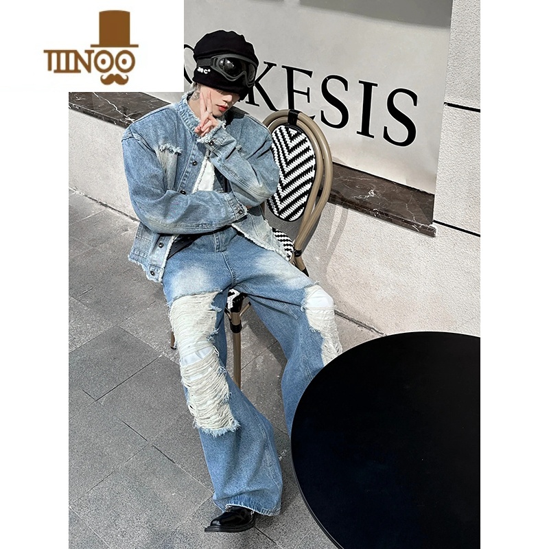 YANXU秋季毛边垫肩短款牛仔外套男款美式复古感痞帅设计感小众夹克高清大图