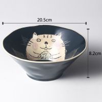 日式釉下彩陶瓷碗盘创意餐具饭碗沙拉碗盘子菜盘家用大面碗斗笠碗 8寸面碗锦鲤猫+木质勺子+筷子