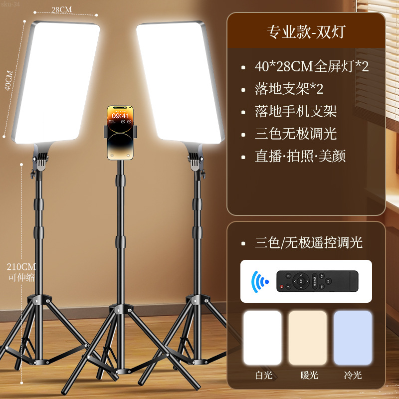 ZJLQ直播补光灯主播专用LED摄影专业平板灯直播间拍照室内方形人像服-19寸【专业款双灯】+2m落地支架