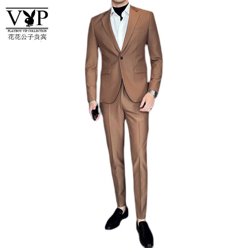 贵宾时尚英伦风杏色西装男套装商务休闲职业正装男士新郎结婚礼服外套