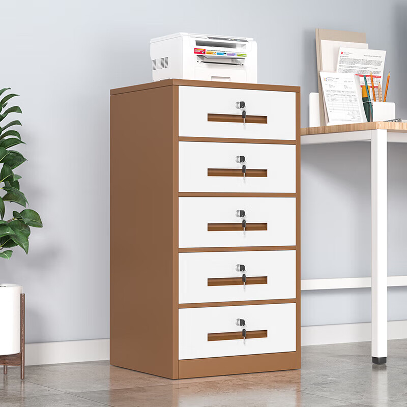 锦北铁皮文件柜矮柜资料柜带锁抽屉柜桌下收纳小柜子 85高五抽咖白高清大图