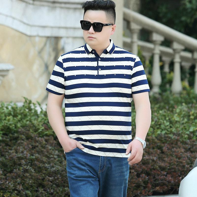 大码男装短袖t恤加肥加大中年男士商务翻领条纹体恤胖子夏装