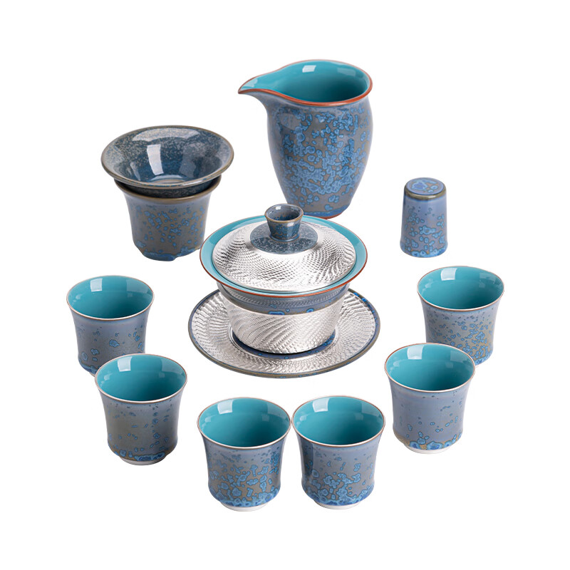 苏氏陶瓷/SUSHI CERAMICS J143 国礼蓝黛鎏银三才盖碗大套组功夫茶具非遗大师郑文强作品 (单位:套)高清大图