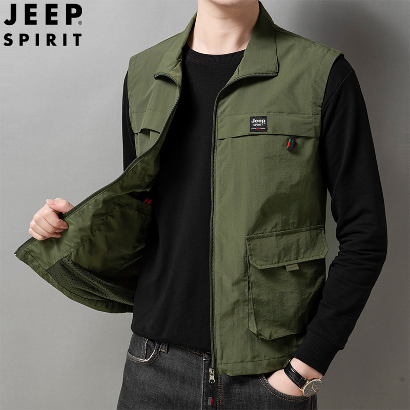 JEEPSPIRIT春季男士马甲外穿休闲立领户外运动速干背心帅气马夹 XXXXL 军绿色