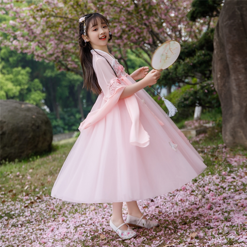 小女孩汉服女童夏装仙女裙抖音齐襦裙夏季儿童古装雪纺短袖连衣裙报价