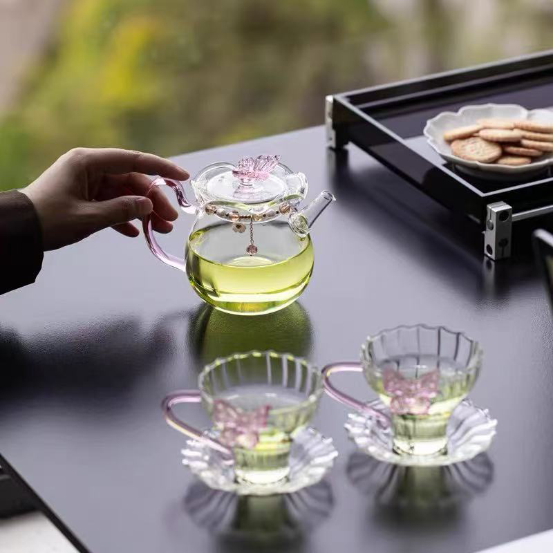 柏兮 粉色蝴蝶女士茶具套装带杯垫高清大图