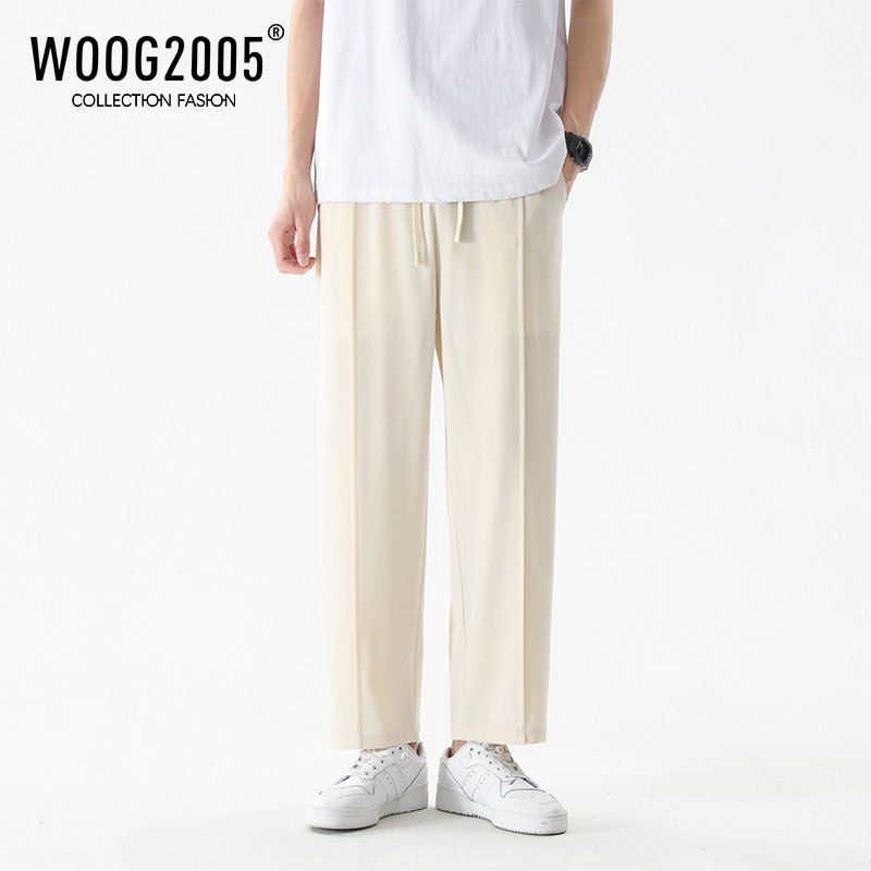 WOOG2005卡其色冰丝裤子男夏季薄款垂感西装裤日系复古直筒九分裤