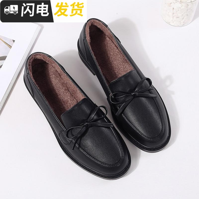 ins小皮鞋女学院圆头毛毛鞋女韩版百搭红单鞋女英伦平底豆豆鞋启如