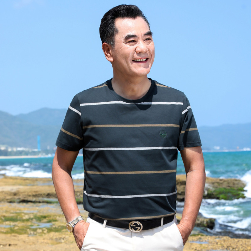 中老年男士薄款休闲圆领上衣夏季新款爸爸装短袖t恤