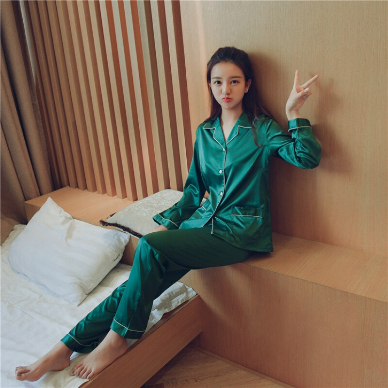 甜美约气质春秋绿色翻领长袖睡衣女长裤家居服丝绸睡衣两件套装