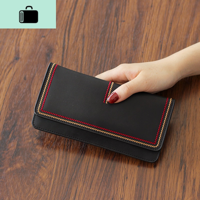 2020新款皮长款钱包女士搭扣软牛皮多卡位手拿包女超薄绣线皮夹NEW LAKE 黑色