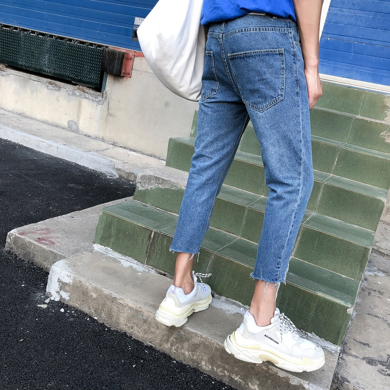 港风夏款不规则破洞牛仔裤男 韩版时尚宽松百搭青少年九分裤子