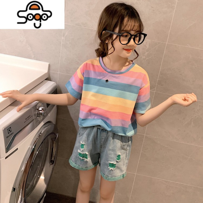 女童夏装套装儿童网红洋气2022新款大童装夏季短袖短裤运动两件套 七色王国