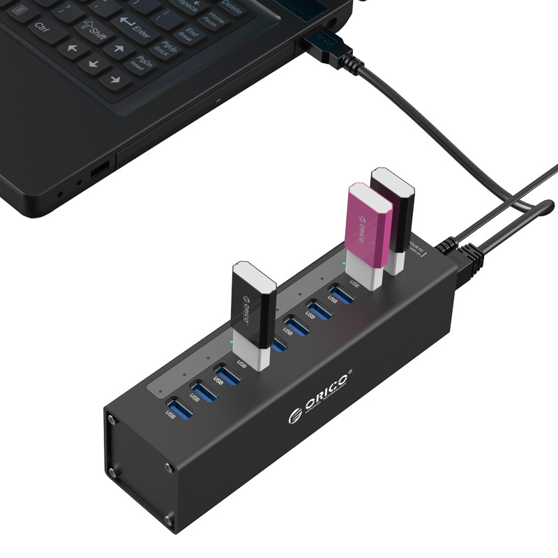 Orico/奥睿科 A3H4-BK 铝USB3.0分线器MAC接口扩展器usb集线器hub带电源外接硬盘 10口黑色