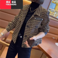 YIBUSHENG短款外套女2023新款小个子百搭千鸟格小香风夹克洋气休闲上衣