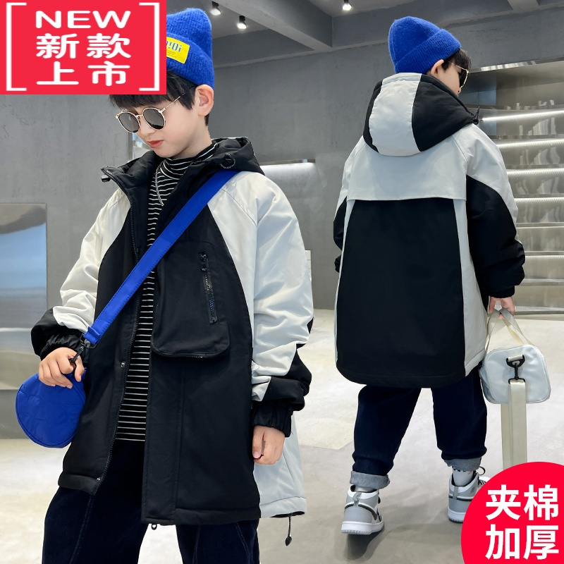 可莉允男童秋装夹棉加厚风衣外套2022新款中大童儿童洋气冬季中长款棉服
