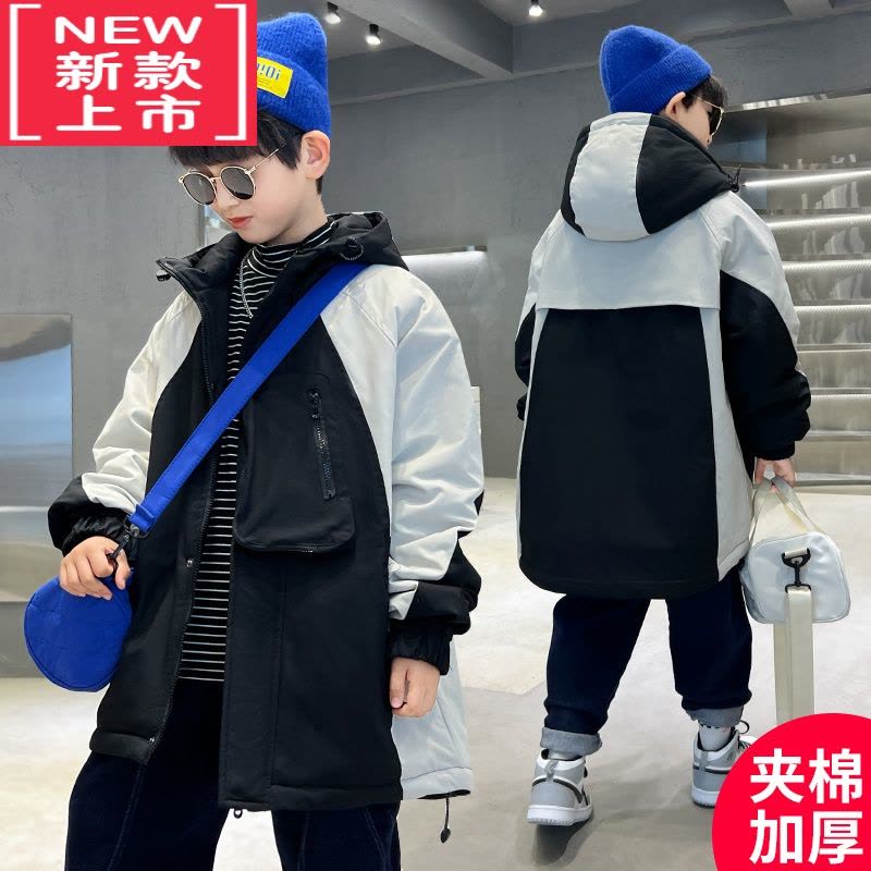 可莉允男童秋装夹棉加厚风衣外套2022新款中大童儿童洋气冬季中长款棉服图片