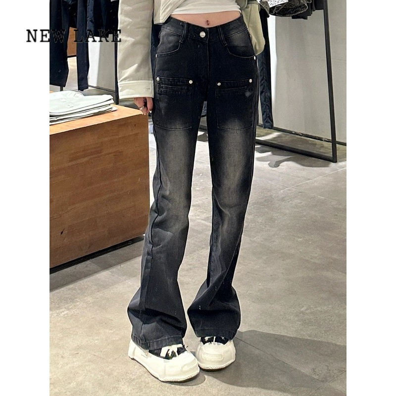 newlake大码美式复古微喇牛仔裤女胖妹妹高腰设计感小众宽松直筒裤子