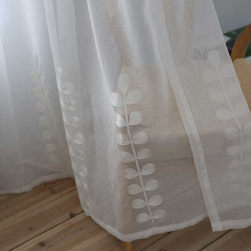 添福运 唯美窗帘纱帘绣花白纱飘窗白纱阳台纱客厅卧室半遮光窗纱白色遮光窗帘北欧简约现代挂钩打孔窗帘飘窗客厅帘子窗帘轻奢窗纱 窗纱-叶子 【挂钩款】定制每米价格