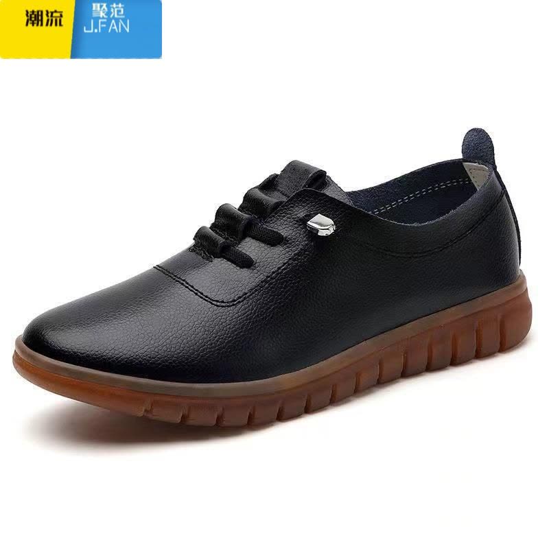 聚范牛筋底皮面防水防滑厨房鞋上班工作单鞋妈妈黑色皮鞋老北京布鞋女图片