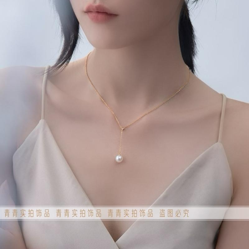 [不褪色不过敏]钛钢保色珍珠手作流苏贝珠Y型线条可调节项链 金色