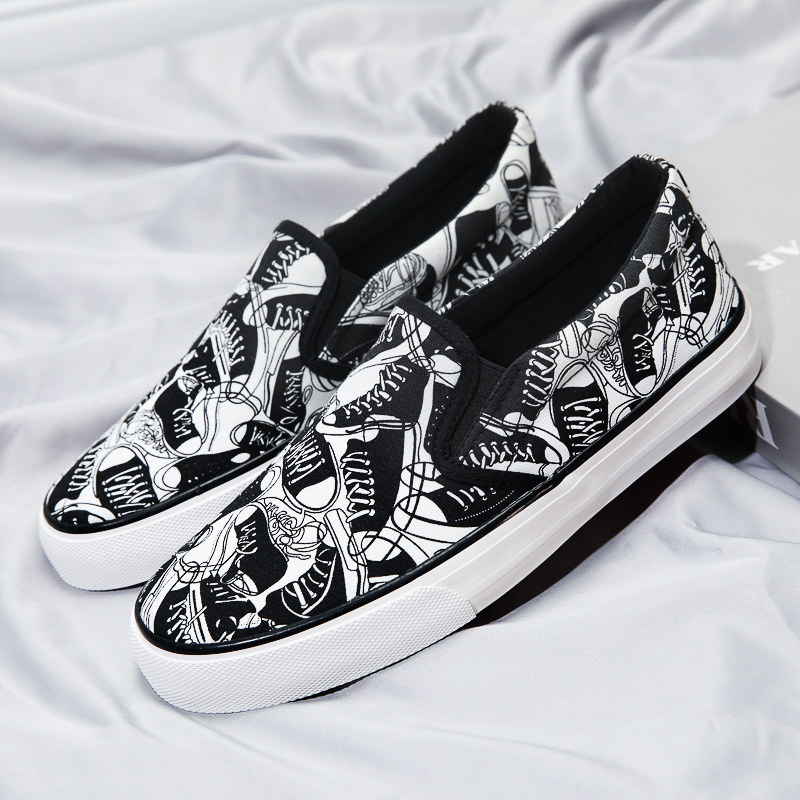 苏芈一脚蹬黑白涂鸦帆布鞋男鞋子夏季透气个性彩色手绘街拍ins滑板鞋