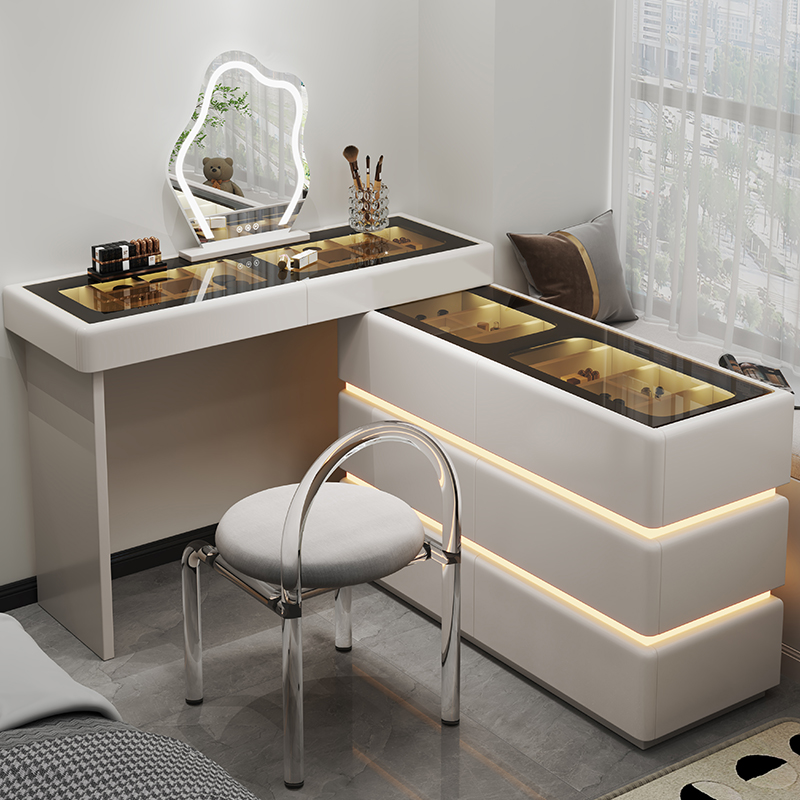 欧梵森奶油风梳妆台斗柜一体可伸缩转角带感应灯化妆桌现代简约卧室收纳柜高清大图