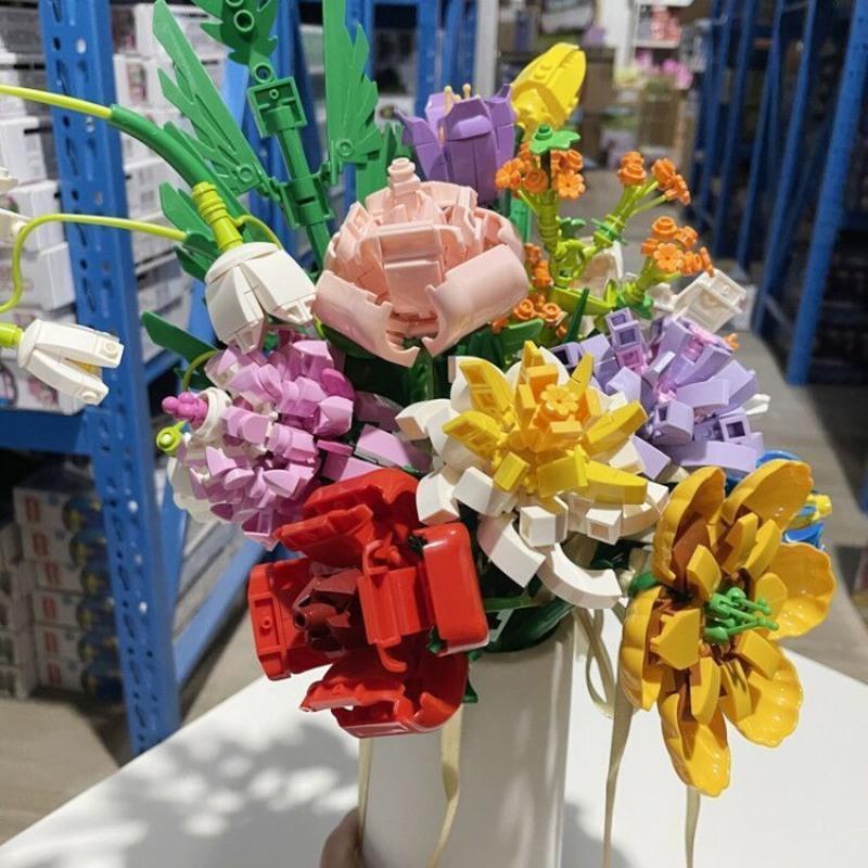 兼容乐高森宝积木花束玫瑰向日葵雏菊女生情人节礼物拼插玩具装饰 透明 一键