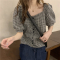 百搭甜美宽松泡泡袖上衣韩版复古方领格子撞色衬衫