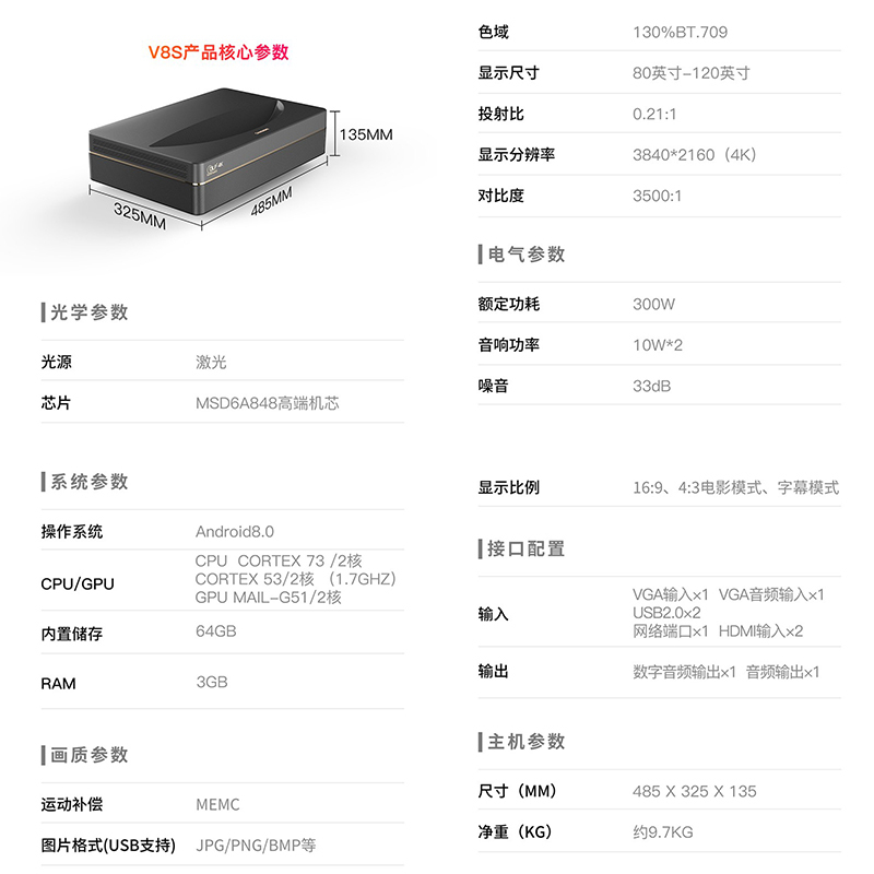 长虹(CHANGHONG) 激光电视v8s真4k超高清家用安卓智能无线客厅家庭影院商务办公超短焦投影 长虹V8S+100吋菲涅尔硬屏+高清线